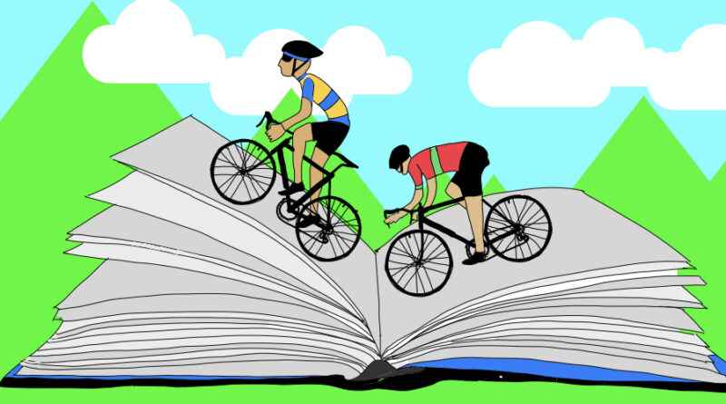 Twee fietsers beklimmen de pagina's van een openliggend boek over wielrennen.