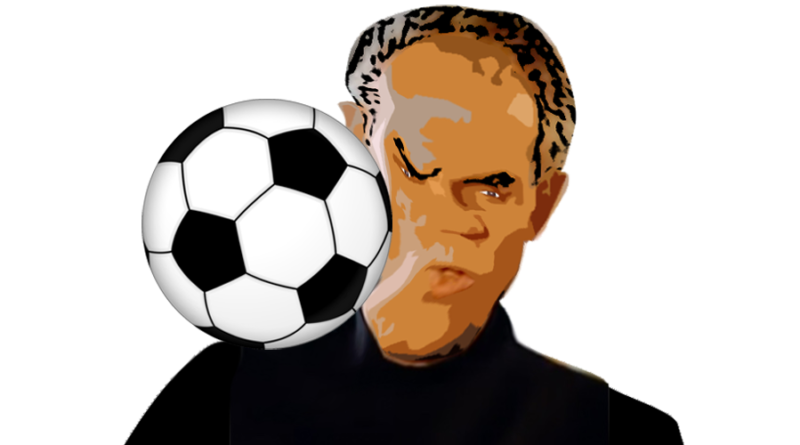 Tekening van Rinus Michels die een bal in zijn gezicht krijgt van Maarten Spanjer.