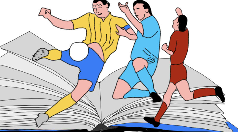 Tekening van Zlatan, Andy van der Meijde en Wim Kieft die opduiken uit een voetbalboek.