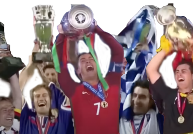 De aanvoerders van de nationale elftallen die het Europees Kampioenschap wonnen in 2016, 2012, 2000, 1996 en 1992 houden de beker omhoog.