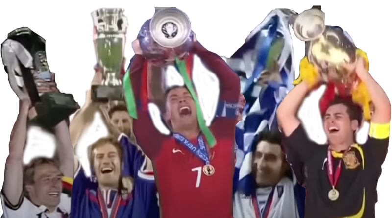 De aanvoerders van de nationale elftallen die het Europees Kampioenschap wonnen in 2016, 2012, 2000, 1996 en 1992 houden de beker omhoog.